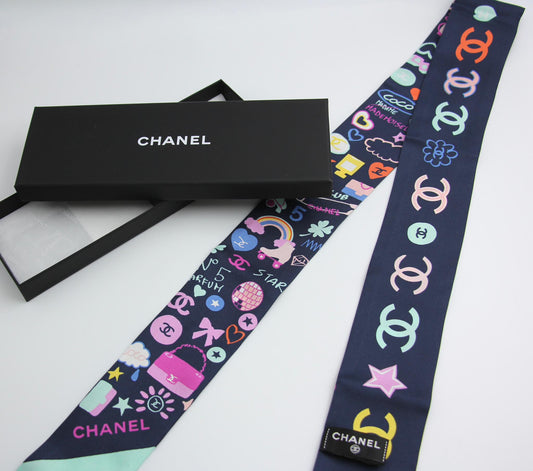 CHANEL Chanel 100 Silk Twilly Cc Mark Scarf In Navy Blue - Onesize Accessories - Vintage fashion from Wararni