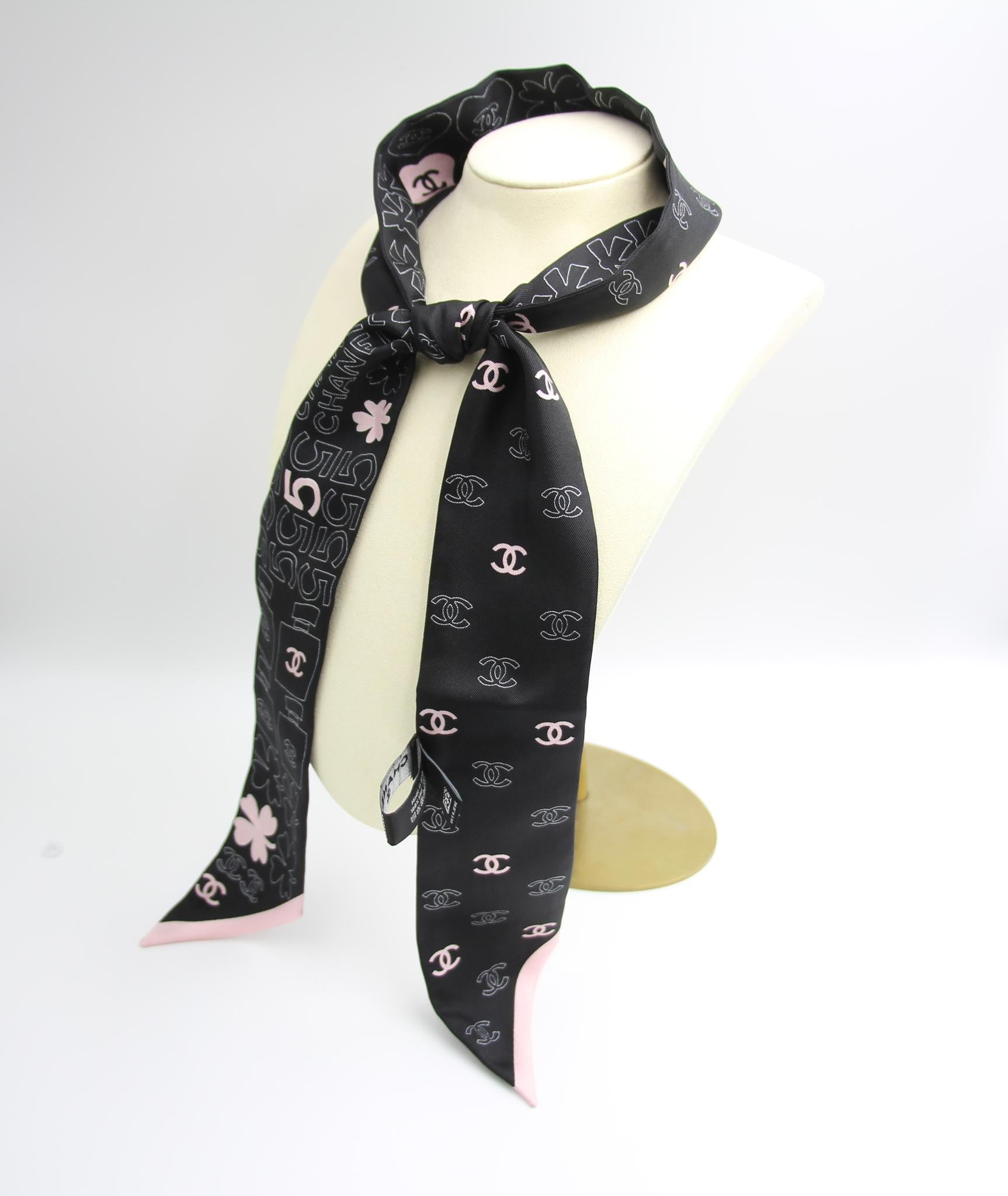 Chanel 100 Silk Twilly Cc Logo Four Leaf Clover Scarf In Black X