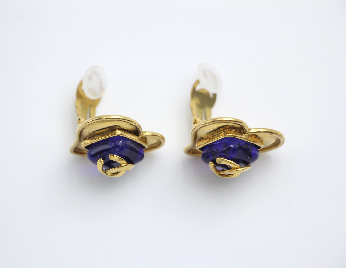 Chanel Vintage 95P Sapphire Blue Glazed Gold-Plated Love Earrings