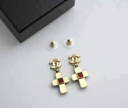 Chanel Vintage 02P Green And Red Glass Gold-Plated Cross Earrings 1