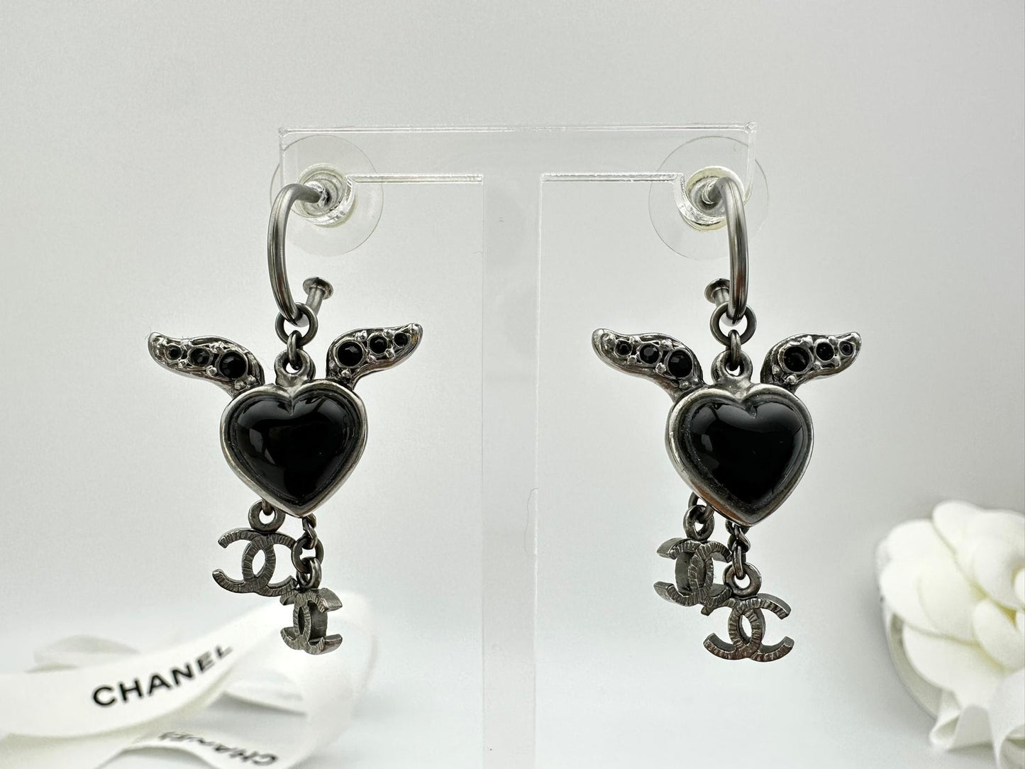 Chanel Vintage 09C Rhinestone Black Heart Angel Wing Earrings