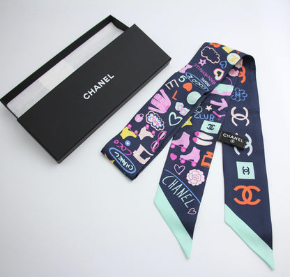 Chanel 100 Silk Twilly Cc Mark Scarf In Navy Blue