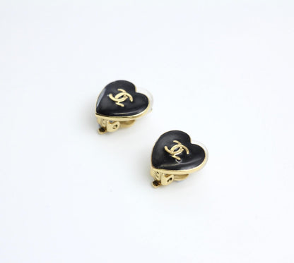 Chanel Vintage 04A Enamel Black Love Thin Cc Earrings