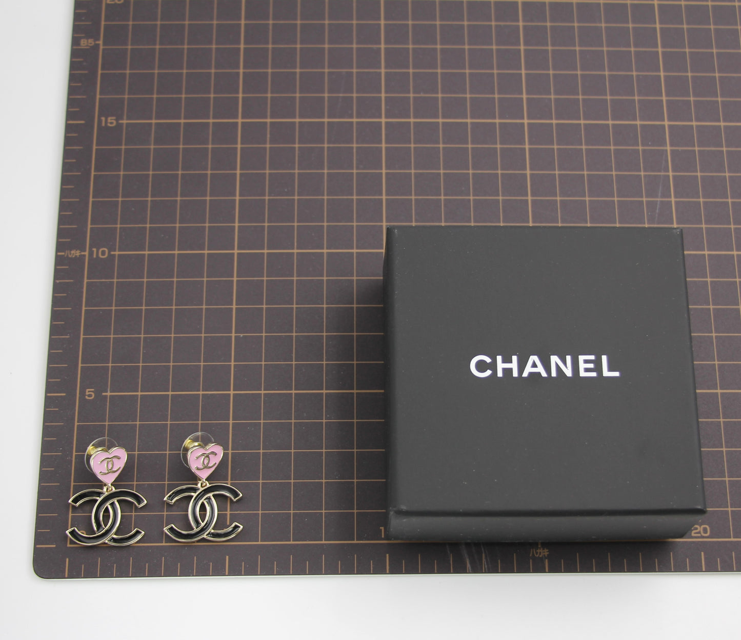 Chanel 24A Metal Pink Heart X Black Cc Dangle Earrings