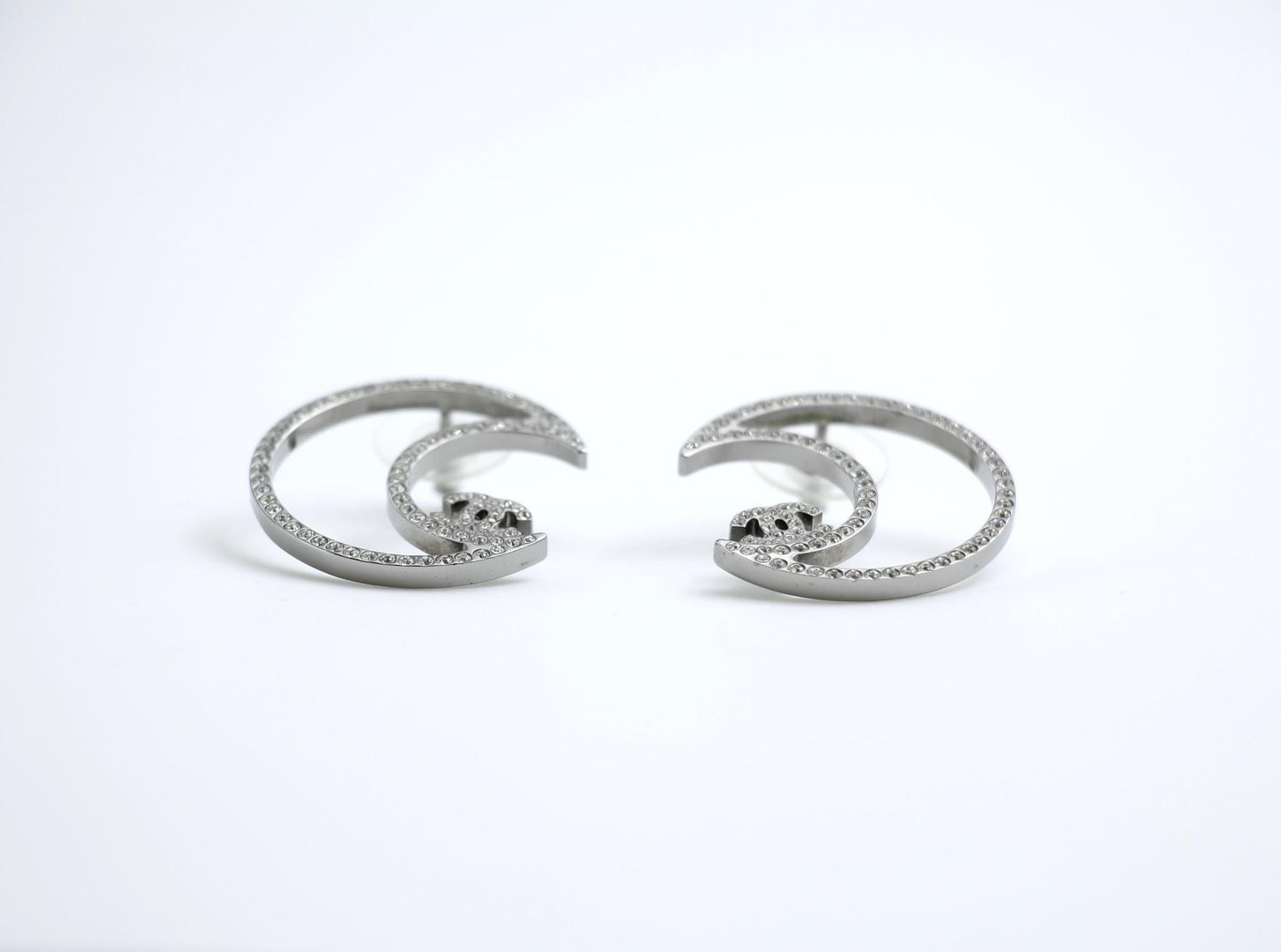 Chanel 17K Rhinestone Moon Silver Earrings