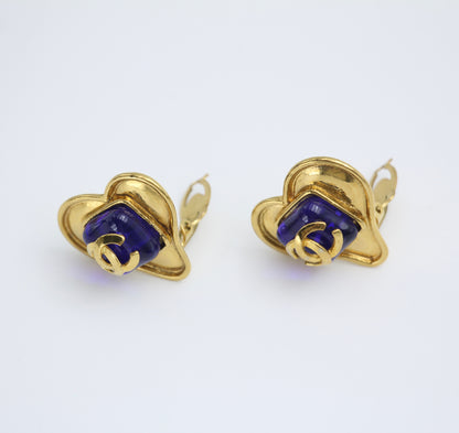 Chanel Vintage 95P Sapphire Blue Glazed Gold-Plated Love Earrings