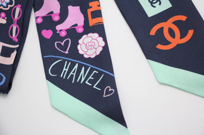 Chanel 100 Silk Twilly Cc Mark Scarf In Navy Blue