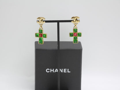 Chanel Vintage 02P Green And Red Glass Gold-Plated Cross Earrings