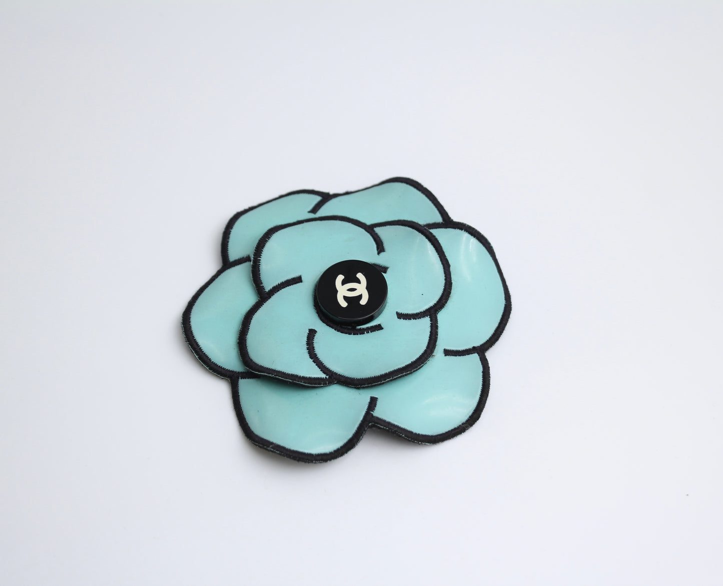 Chanel Vintage 95 Light Blue Embroidered Camellia Brooch