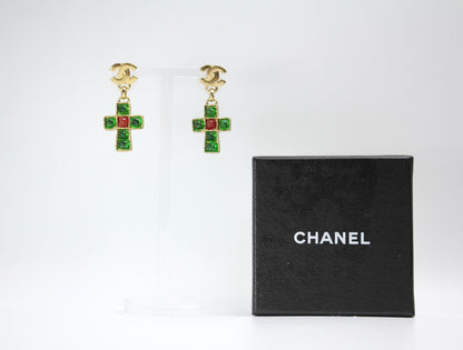 Chanel Vintage 02P Green And Red Glass Gold-Plated Cross Earrings 1