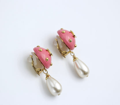 Chanel Vintage 96C Imitation Pearl Resin Rouge Pink Bean Earrings