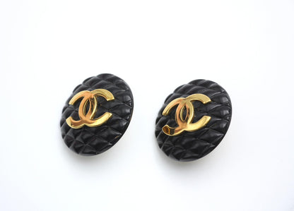 Chanel Vintage 91 Resin Rhombus Shape Bright Black Gold Large Earrings