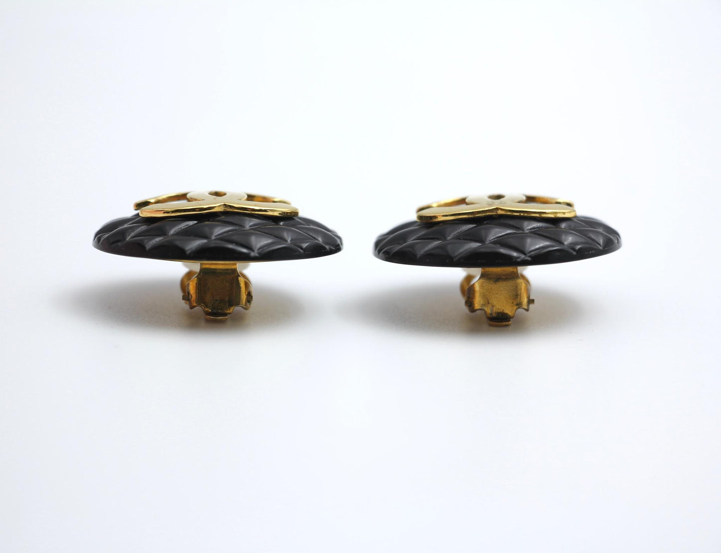 Chanel Vintage 91 Resin Rhombus Shape Bright Black Gold Large Earrings