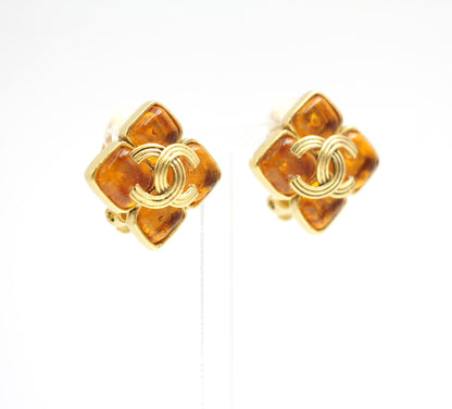 Chanel Vintage 94A Orange Glass Gold-Plated Rhombus Cc Earrings