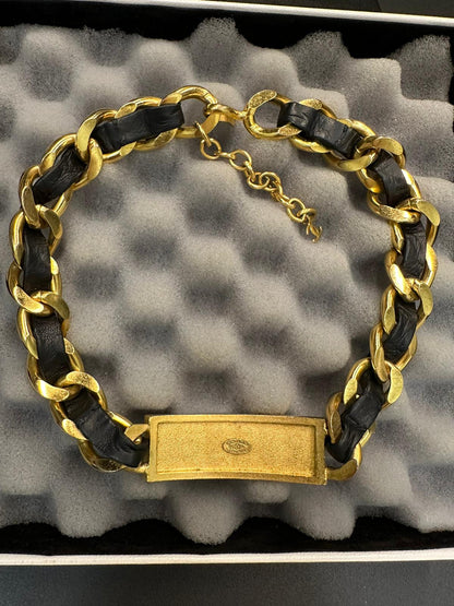 Chanel Vintage 95P Gold-Plated Rhinestone Leather Chain Choker