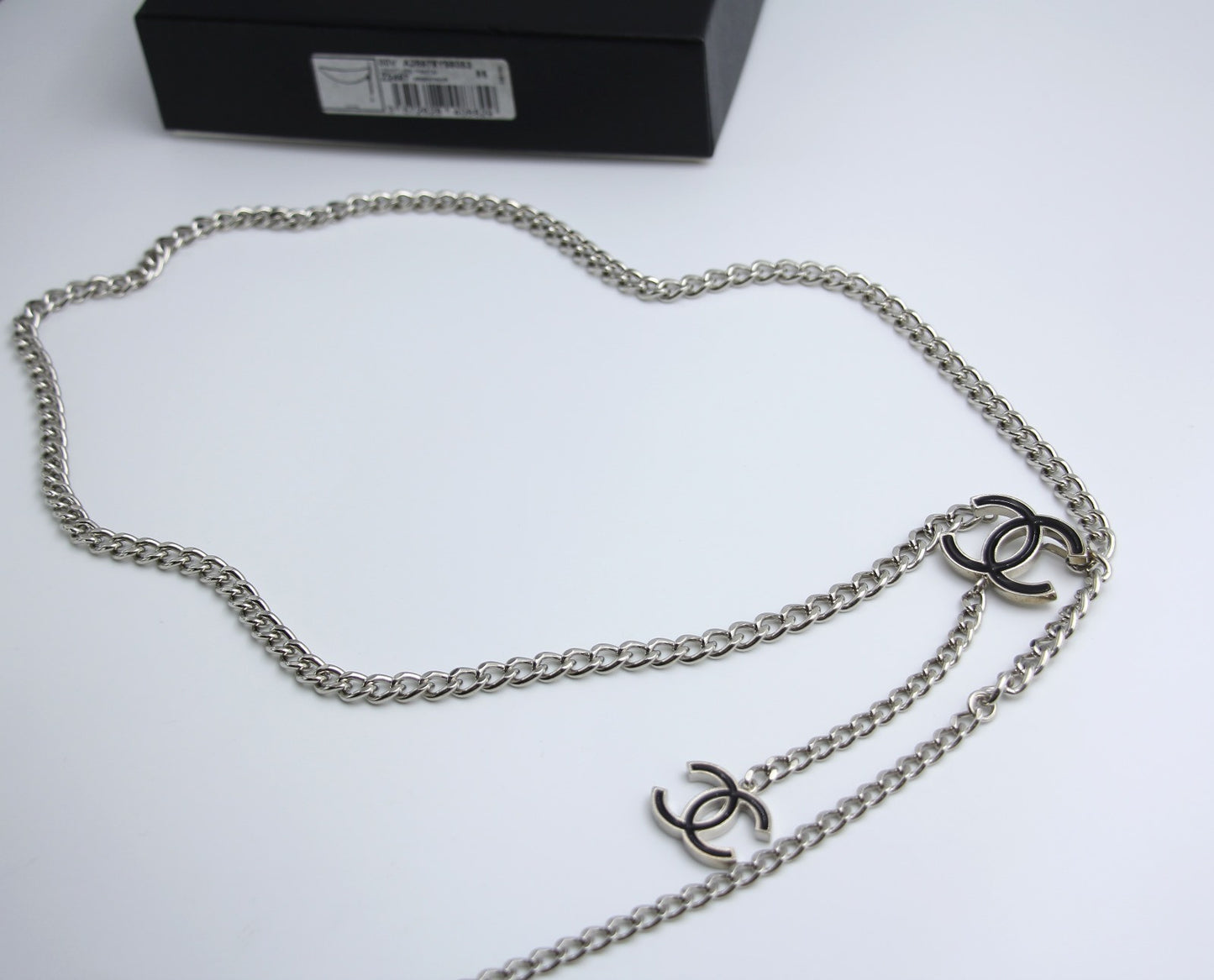 Chanel Vintage A12 Enamel Black Silver Metal Waist Chain Neck Chain