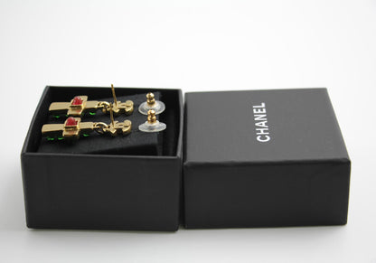 Chanel Vintage 02P Green And Red Glass Gold-Plated Cross Earrings