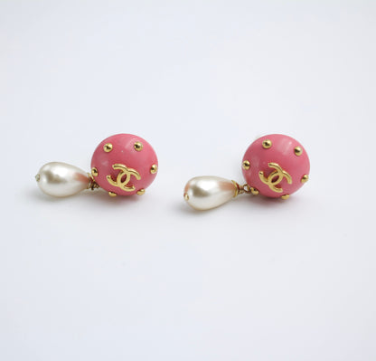 Chanel Vintage 96C Imitation Pearl Resin Rouge Pink Bean Earrings