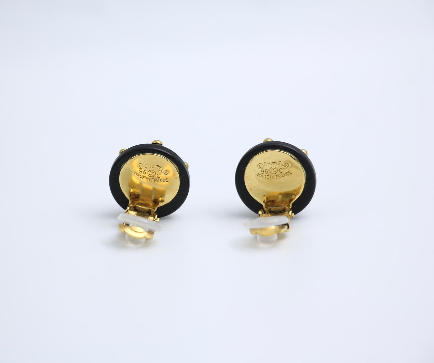 Chanel Vintage 96C Resin Black Gold Dot Earrings