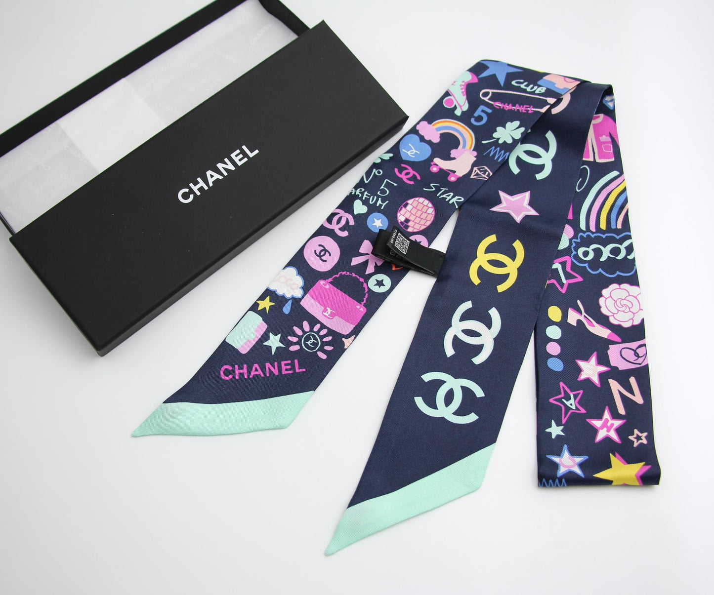 Chanel 100 Silk Twilly Cc Mark Scarf In Navy Blue