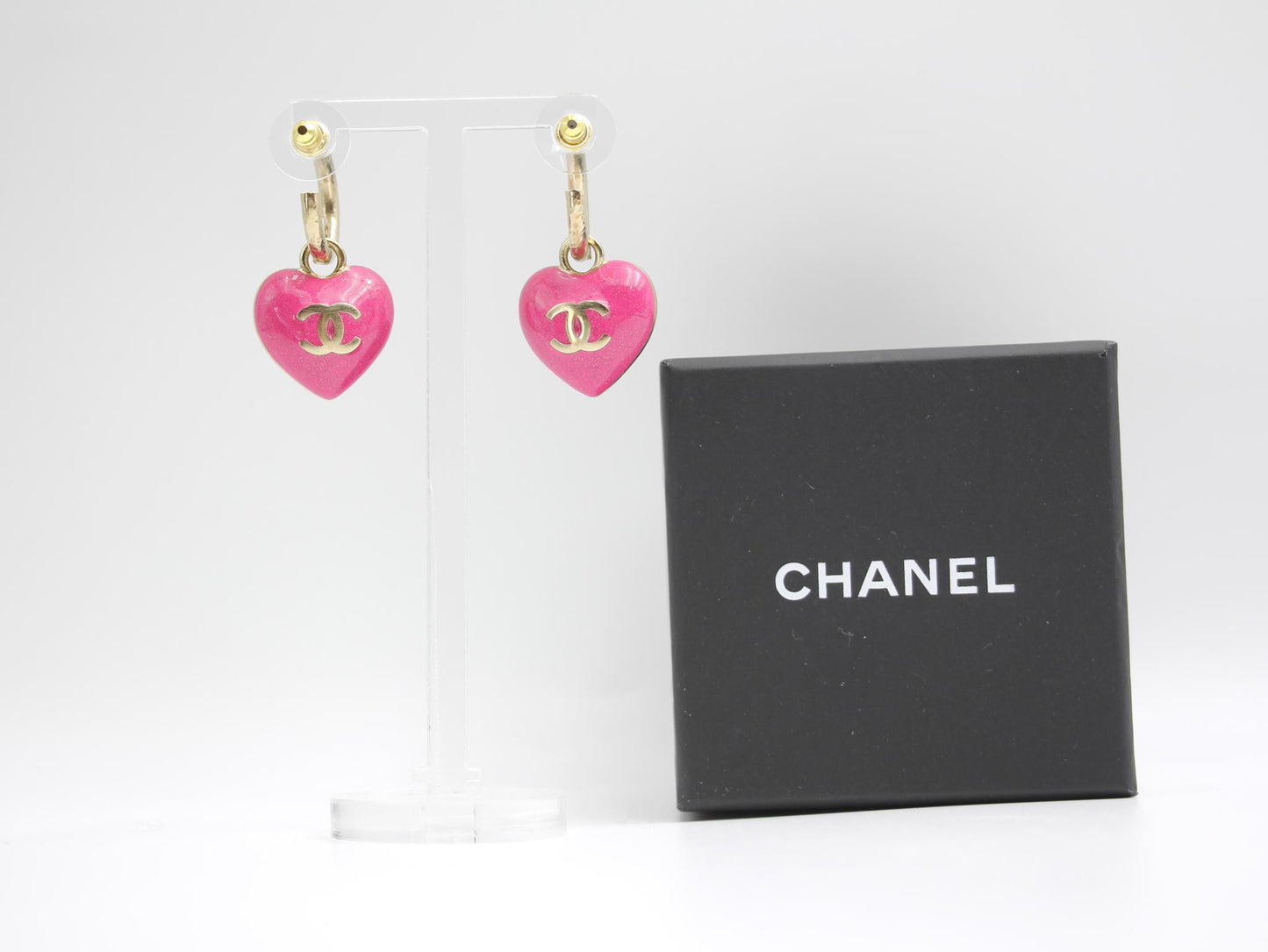 Chanel 23P Rhinestone Peach Pink Double-Sided Love Pendant Earrings