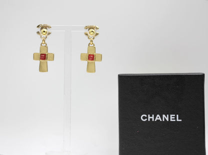 Chanel Vintage 02P Green And Red Glass Gold-Plated Cross Earrings 1