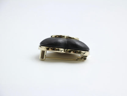 Chanel Vintage 22K Light Gold Metal And Black Leather Heart Brooch