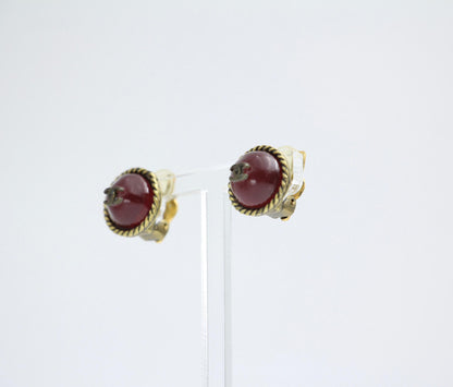 Chanel Vintage 00A Glazed Red Vintage Round Gold Hoop Earrings