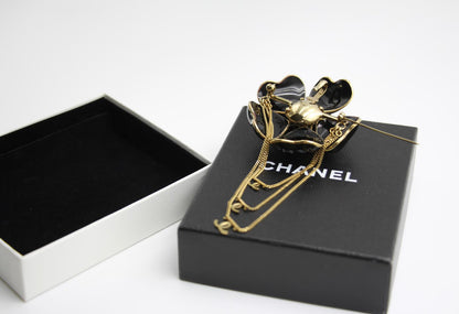 Chanel Vintage 02A Imitation Pearl Black Camellia Three Cc Brooch