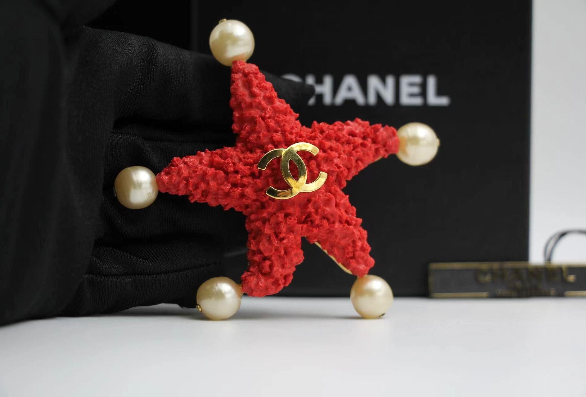 Chanel Vintage 93C Red Lava Imitation Pearls Gold Plated Brass Cc