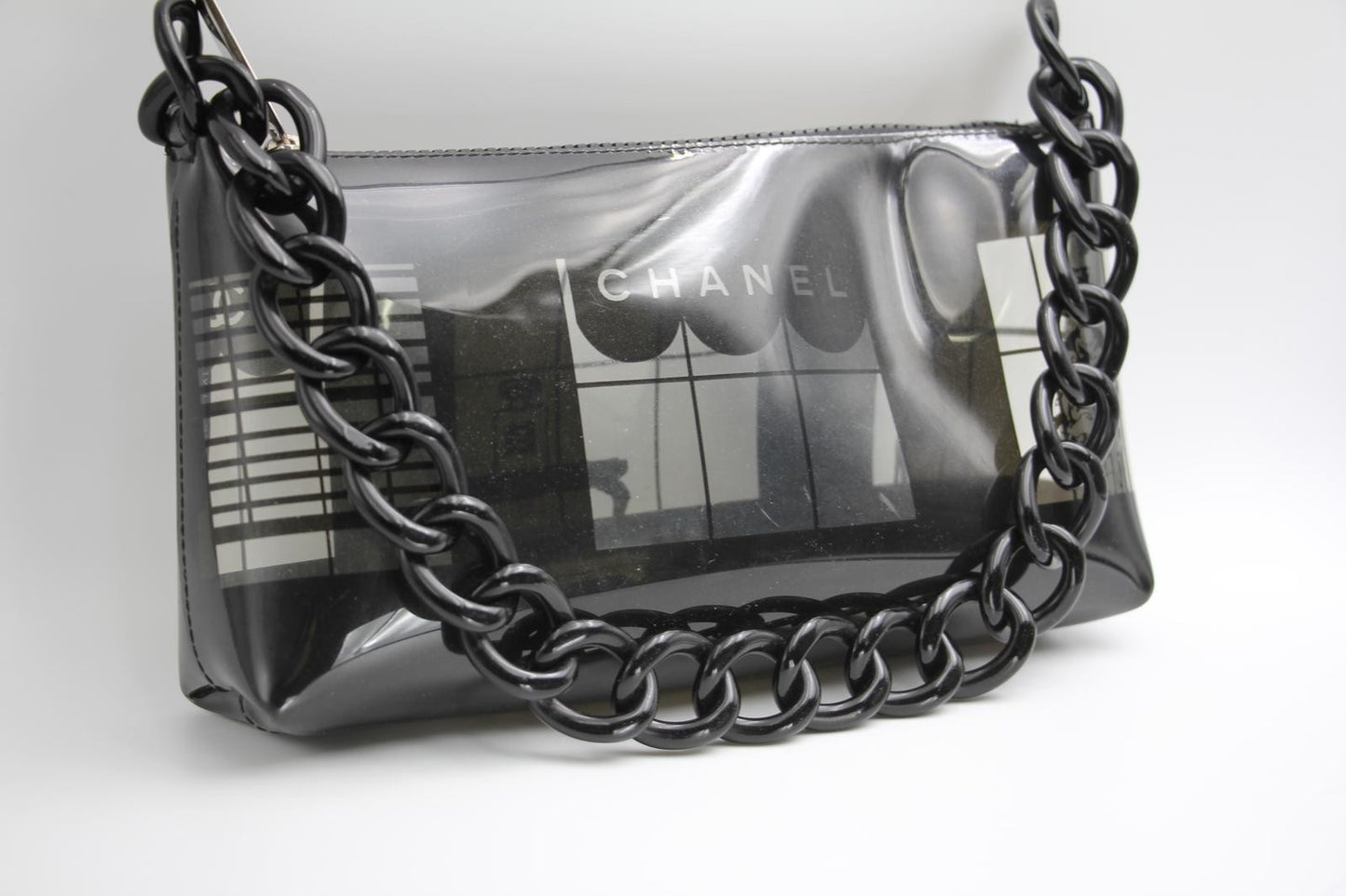 Chanel 2003 Coco Window Chain Black Vinyl Pouch