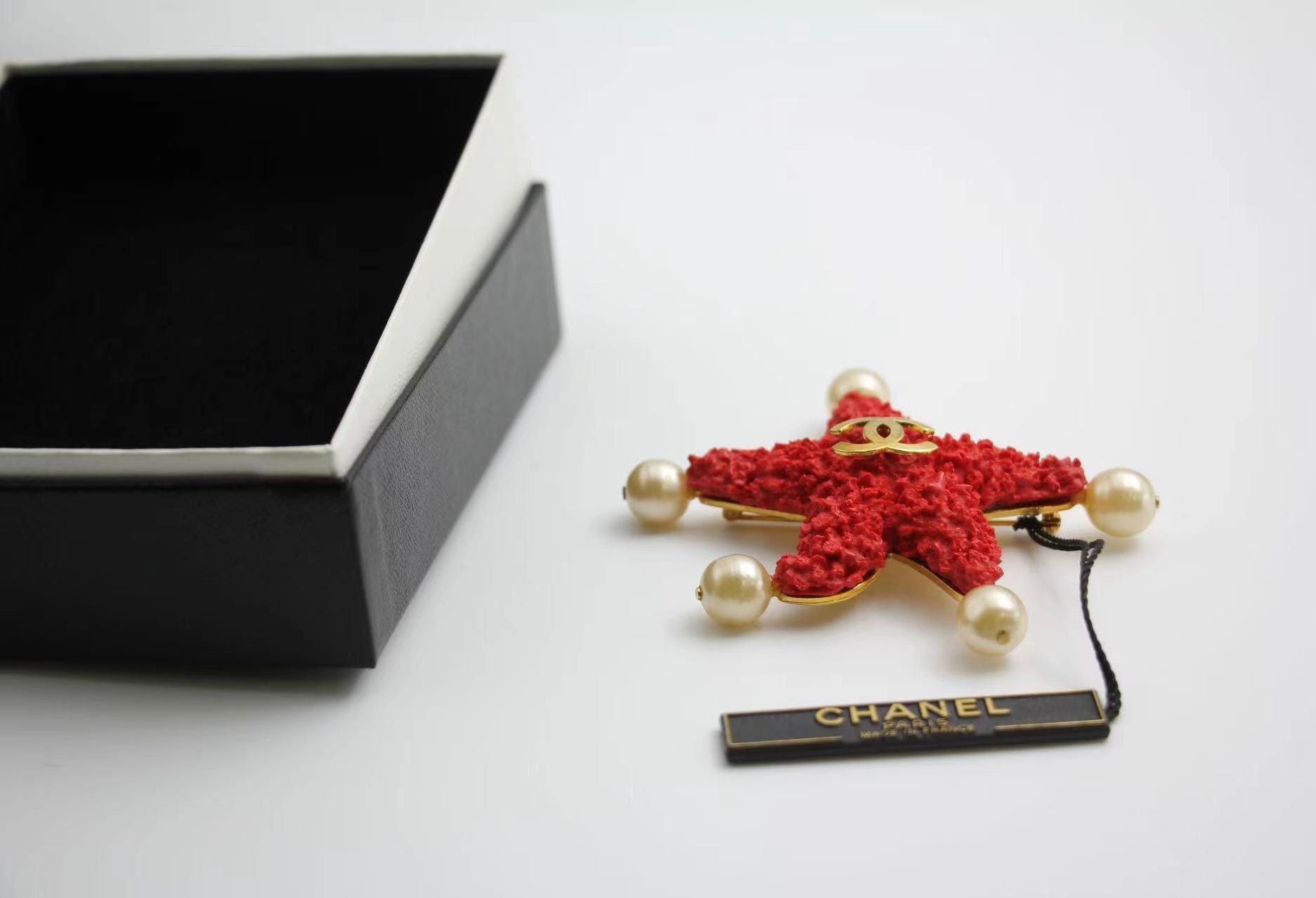 Chanel Vintage 93C Red Lava Imitation Pearls Gold Plated Brass Cc