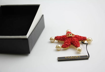 Chanel Vintage 93C Red Lava Imitation Pearls Gold Plated Brass Cc Starfish Brooc