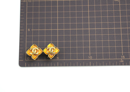 Chanel Vintage 94A Orange Glass Gold-Plated Rhombus Cc Earrings