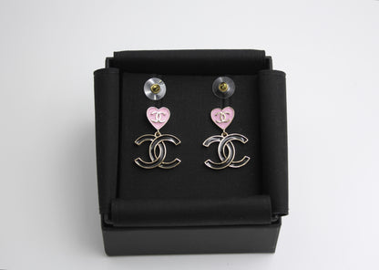 Chanel 24A Metal Pink Heart X Black Cc Dangle Earrings