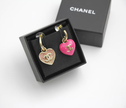 Chanel 23P Rhinestone Peach Pink Double-Sided Love Pendant Earrings