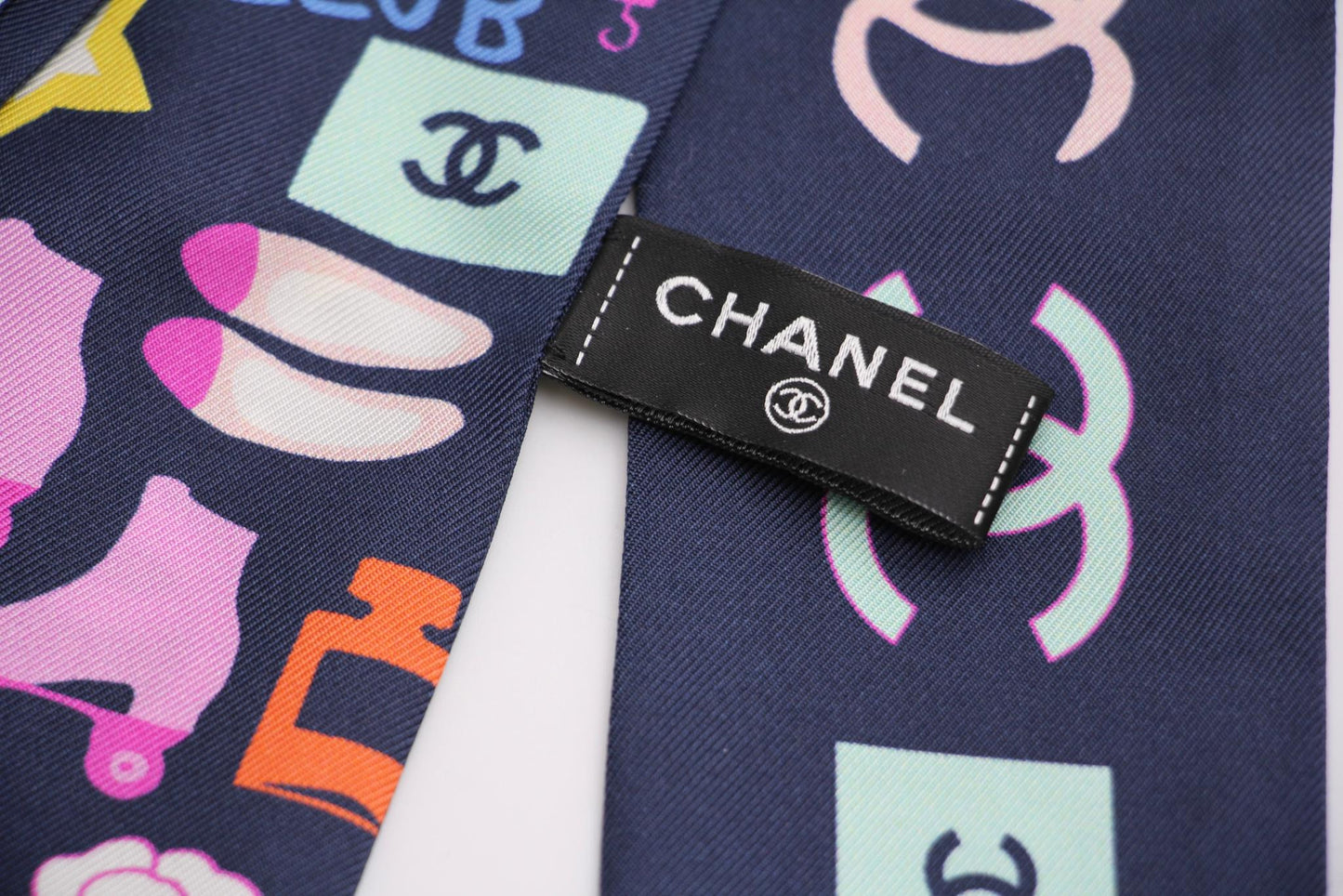 Chanel 100 Silk Twilly Cc Mark Scarf In Navy Blue