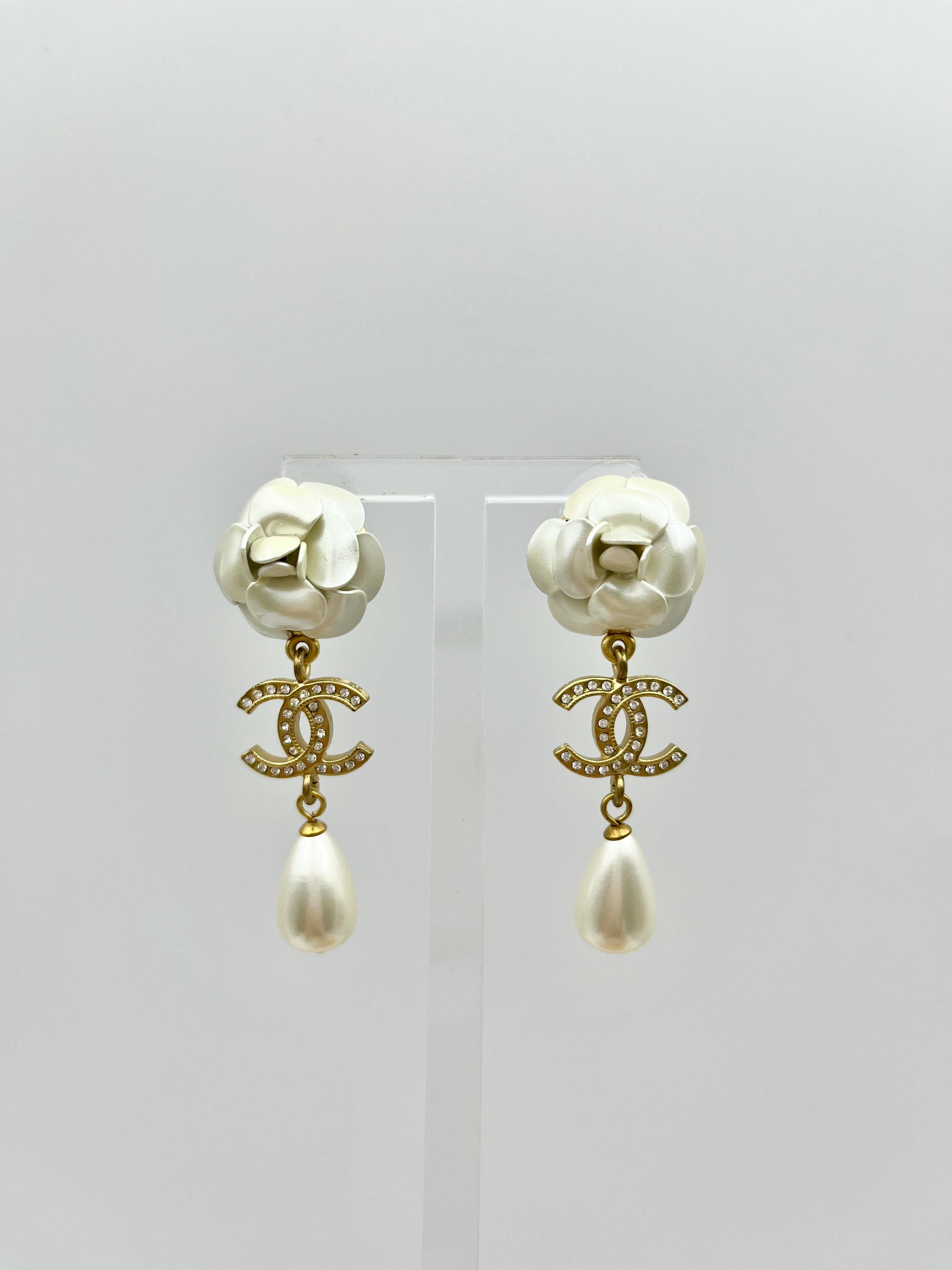 Chanel A20 Metal Rhinestone Imitation Pearl Camellia Earrings
