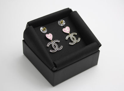 Chanel 24A Metal Pink Heart X Black Cc Dangle Earrings