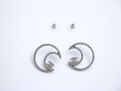 Chanel 17K Rhinestone Moon Silver Earrings