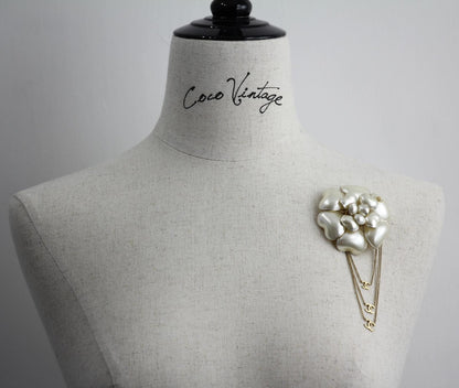 Chanel Vintage 02A Imitation Pearl White Camellia Three Cc Brooch