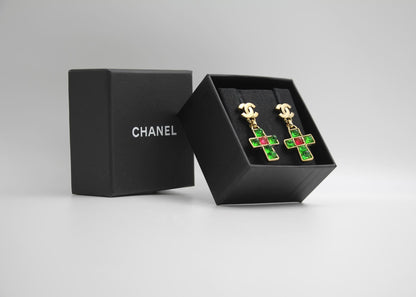 Chanel Vintage 02P Green And Red Glass Gold-Plated Cross Earrings