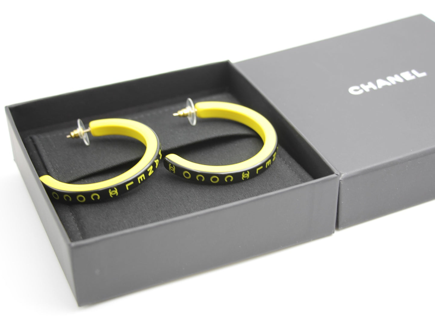 Chanel 22S Resin Banana Yellow English Word Hoop Large Earrings