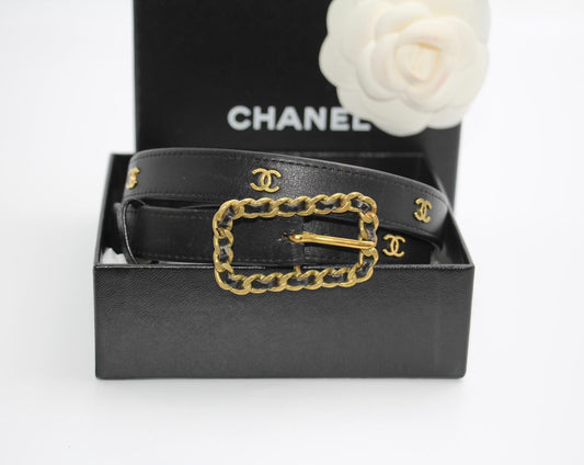 CHANEL Chanel Vintage 95P Gold Plated Buckle Black Belt - Onesize Accessories - Vintage fashion from Wararni