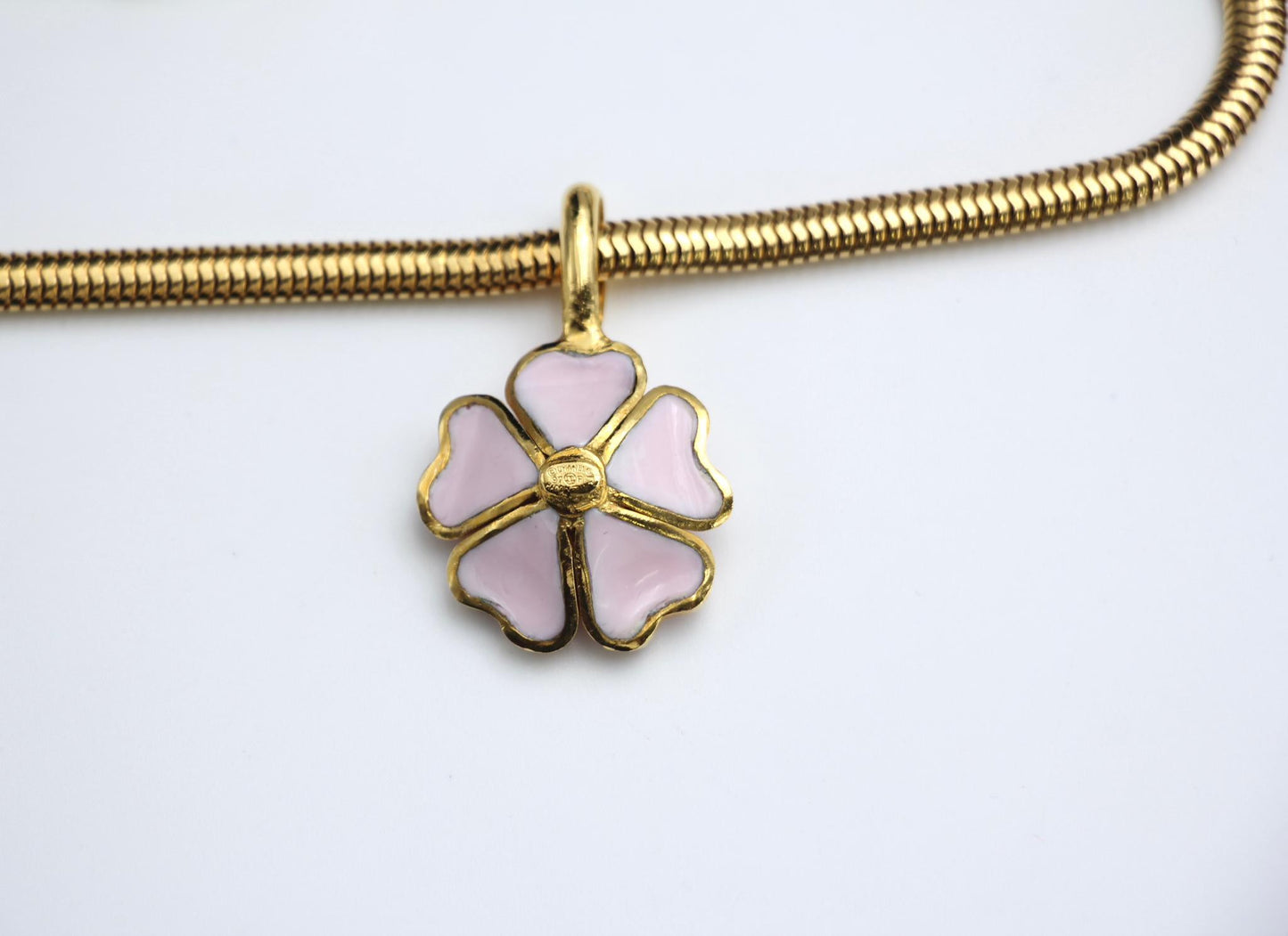 Chanel Vintage 97P Glazed Pink Camellia Pendant Necklace