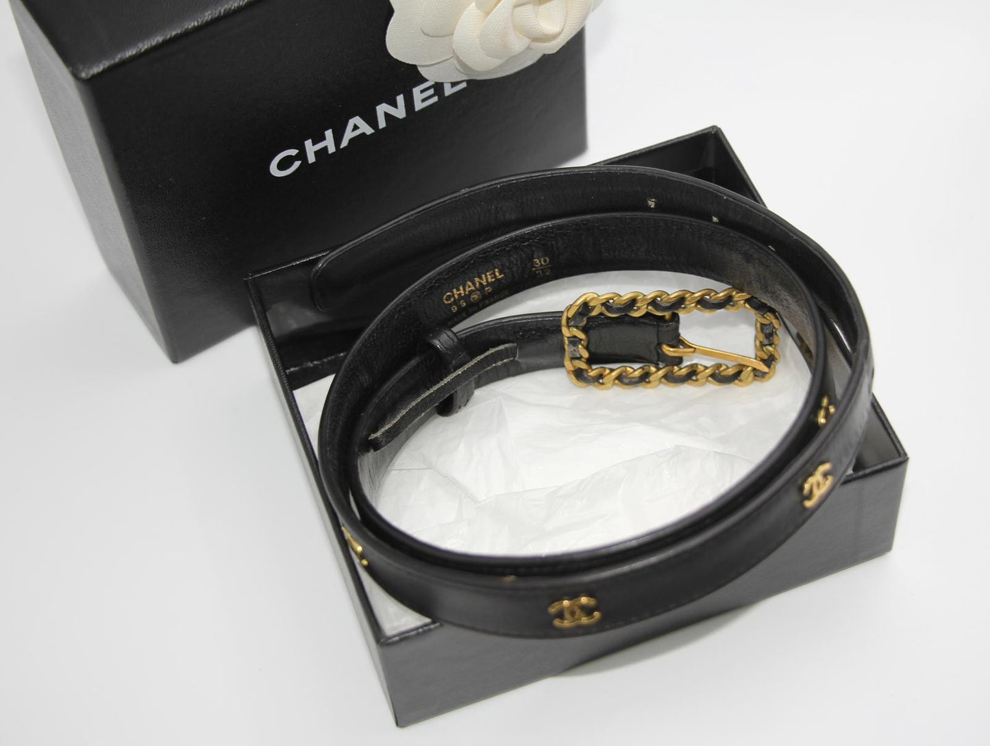 Chanel Vintage 95P Gold Plated Buckle Black Belt