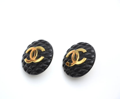 Chanel Vintage 91 Resin Rhombus Shape Bright Black Gold Large Earrings