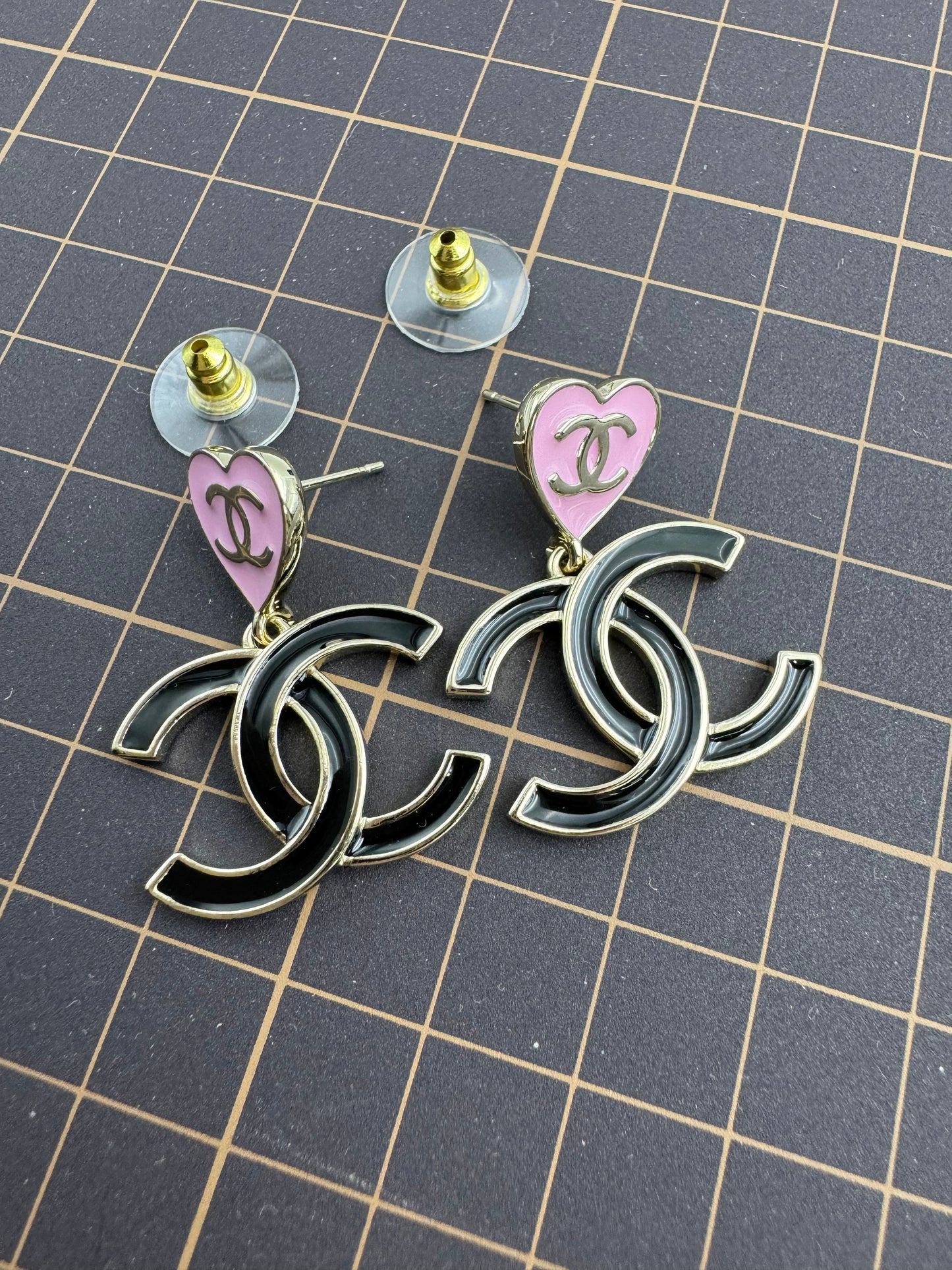 Chanel 24A Metal Pink Heart X Black Cc Dangle Earrings