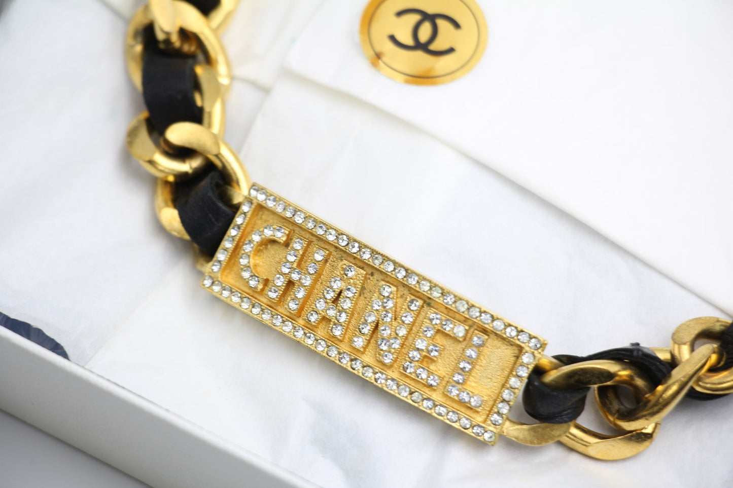 Chanel Vintage 95P Black Gold Leather Chain Gold Plated Necklace