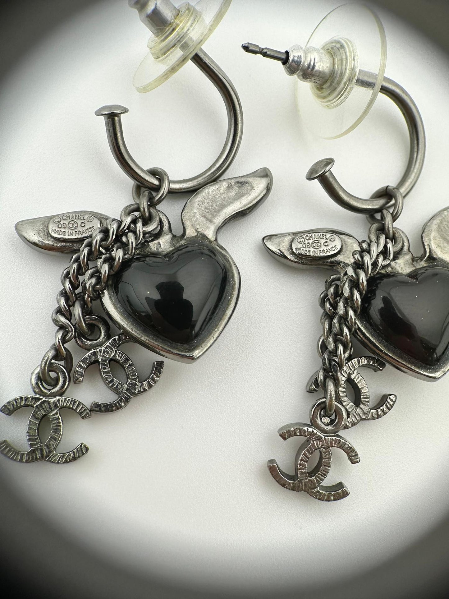 Chanel Vintage 09C Rhinestone Black Heart Angel Wing Earrings